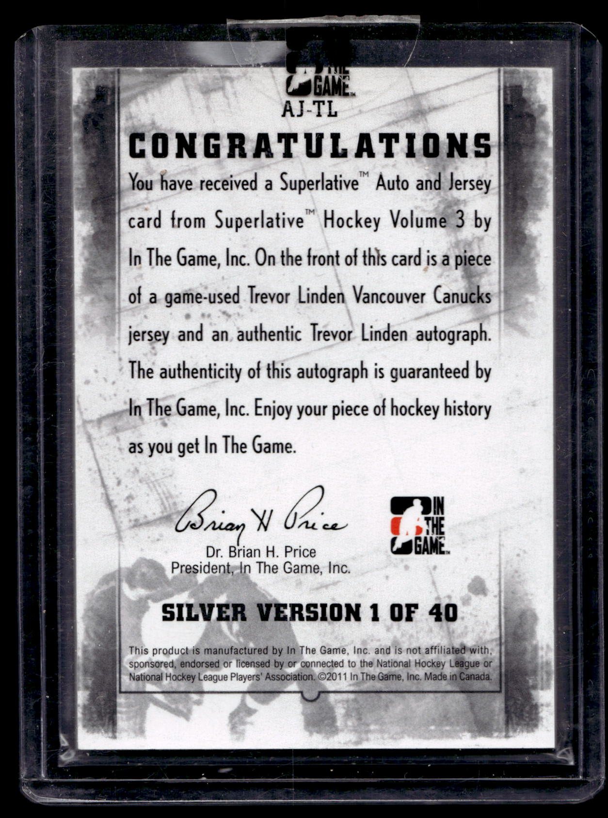 2012-13 In the Game Superlative Volume 3 - Auto & Jersey Silver - Trevor Linden #AJ-TL /40