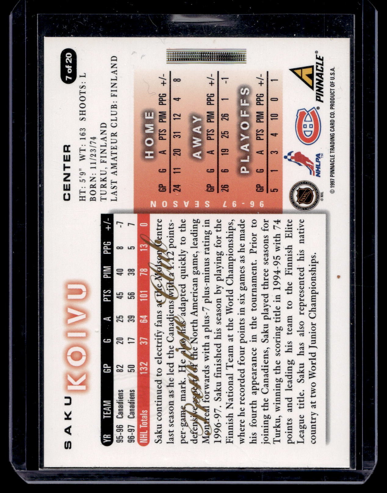 1997-98 Score Team Collection - Montreal Canadiens - Premiere Club - Saku Koivu #7