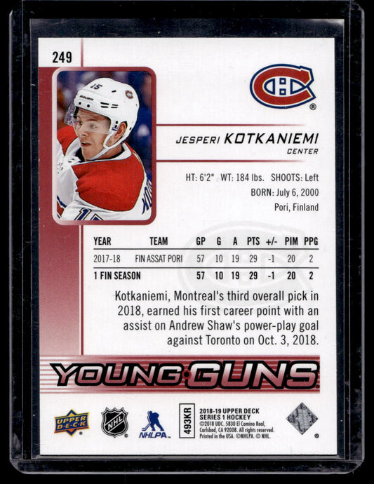 2018-19 Upper Deck - Young Guns Exclusives - Jesperi Kotkaniemi #249 /100 RC