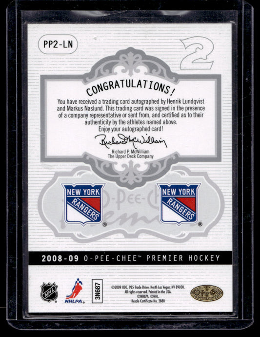 2008-09 O-Pee-Chee Premier - Duos Signatures - Henrik Lundqvist / Markus Naslund #PP2-LN /75