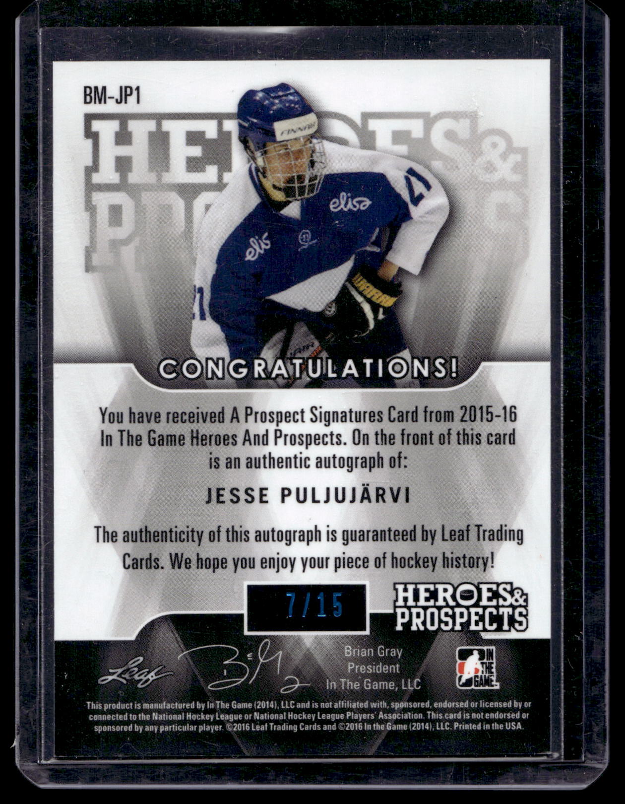 2015-16 Leaf In the Game Heroes & Prospects - Metal Autographs - Blue - Jesse Puljujarvi #BM-JP1 /15 PRC