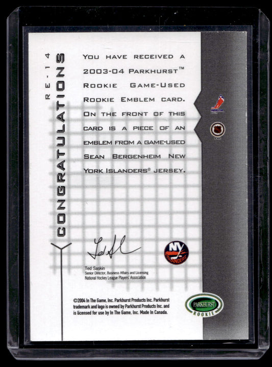 2003-04 In the Game Parkhurst Rookie - Game-Used Rookie Emblem - Sean Bergenheim #RE-14 RY
