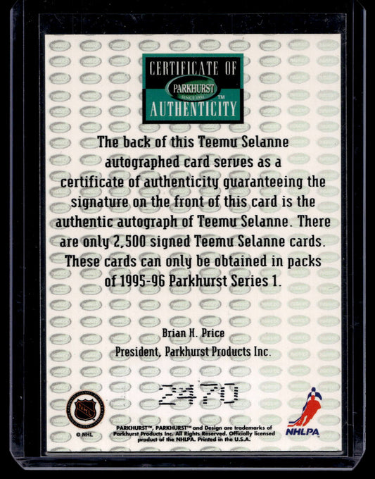 1995-96 Parkhurst International - Autograph Series - Teemu Selanne /2500