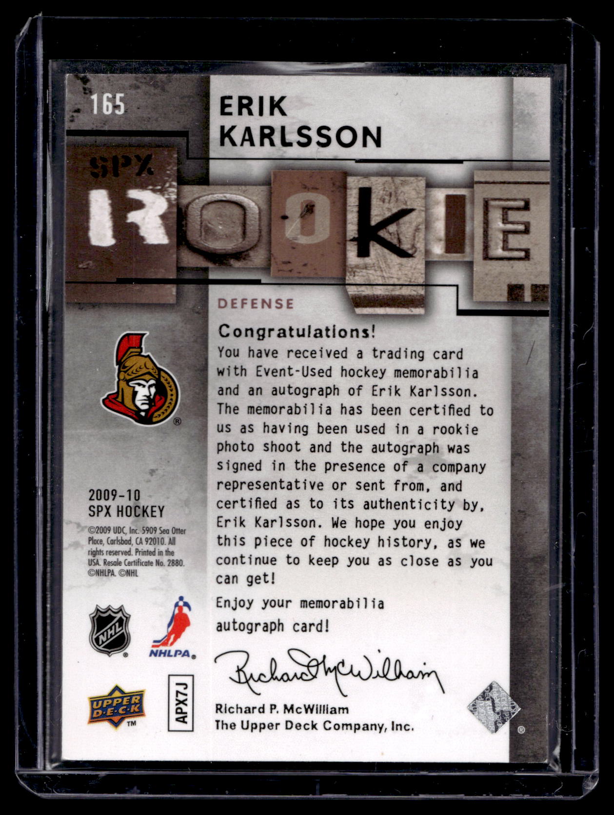 2009-10 SPx - Rookie Autographed Jersey - Erik Karlsson # 165 /799 RC
