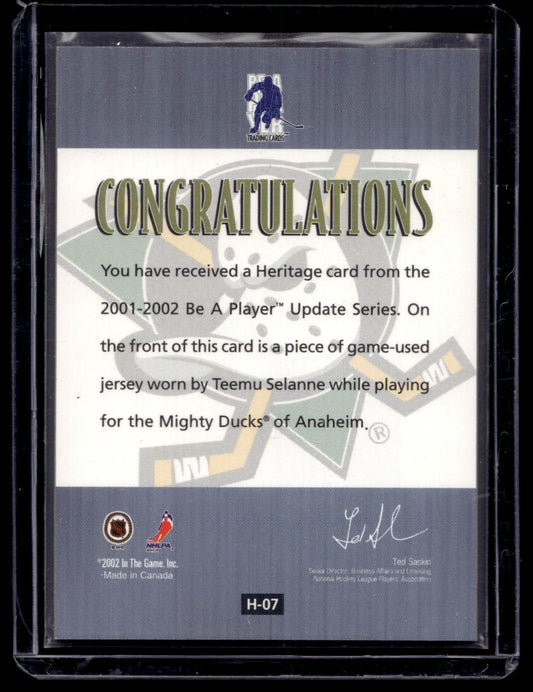 2001-02 In the Game Be A Player Update - Heritage Jerseys - Teemu Selanne #H-07