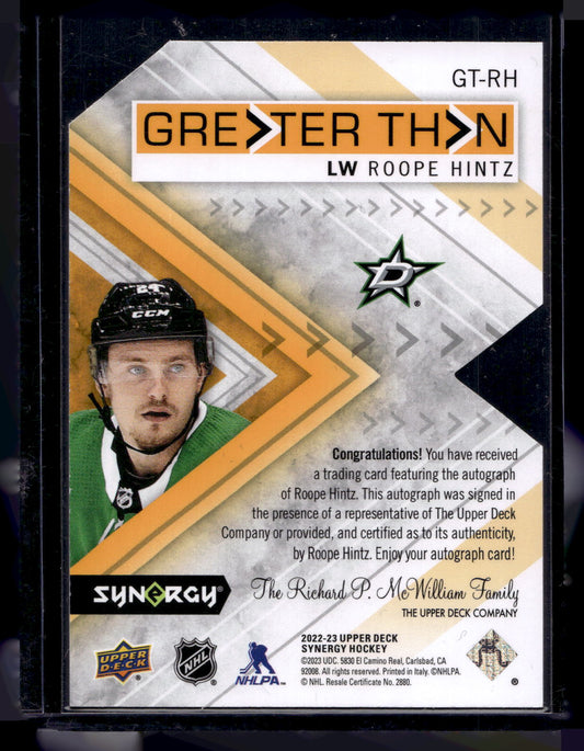 2022-23 Upper Deck Synergy - Greater Than Signatures Orange - Roope Hintz #GT-RH /49