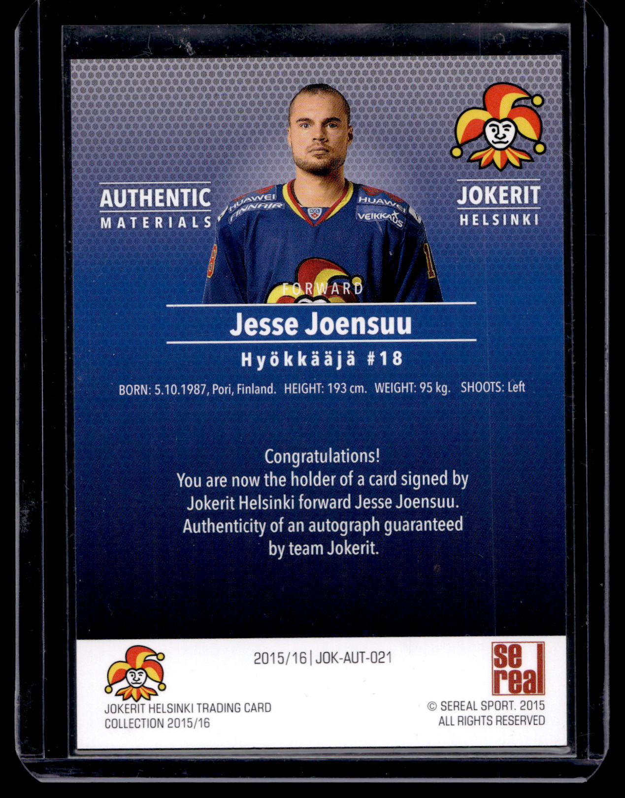 2015-16 Sereal Jokerit Autograph - Jesse Joensuu #JOK-AUT-021 /80