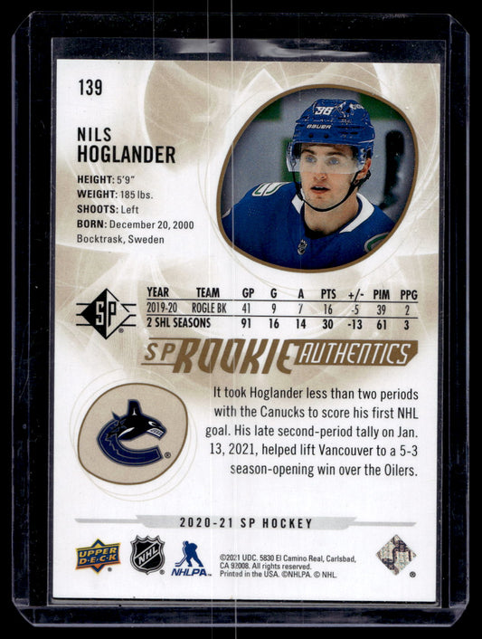 2020-21 Upper Deck SP Retail - Gold - Rookie Authentics - Nils Hoglander #139 /999 RY