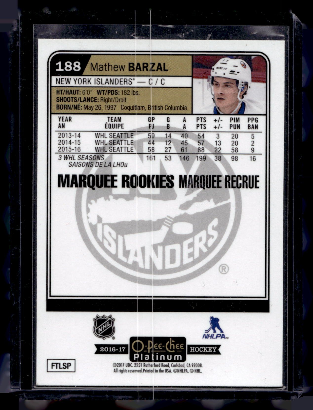 2016-17 Upper Deck O-Pee-Chee Platinum - Marquee Rookies - Mathew Barzal #188 RC