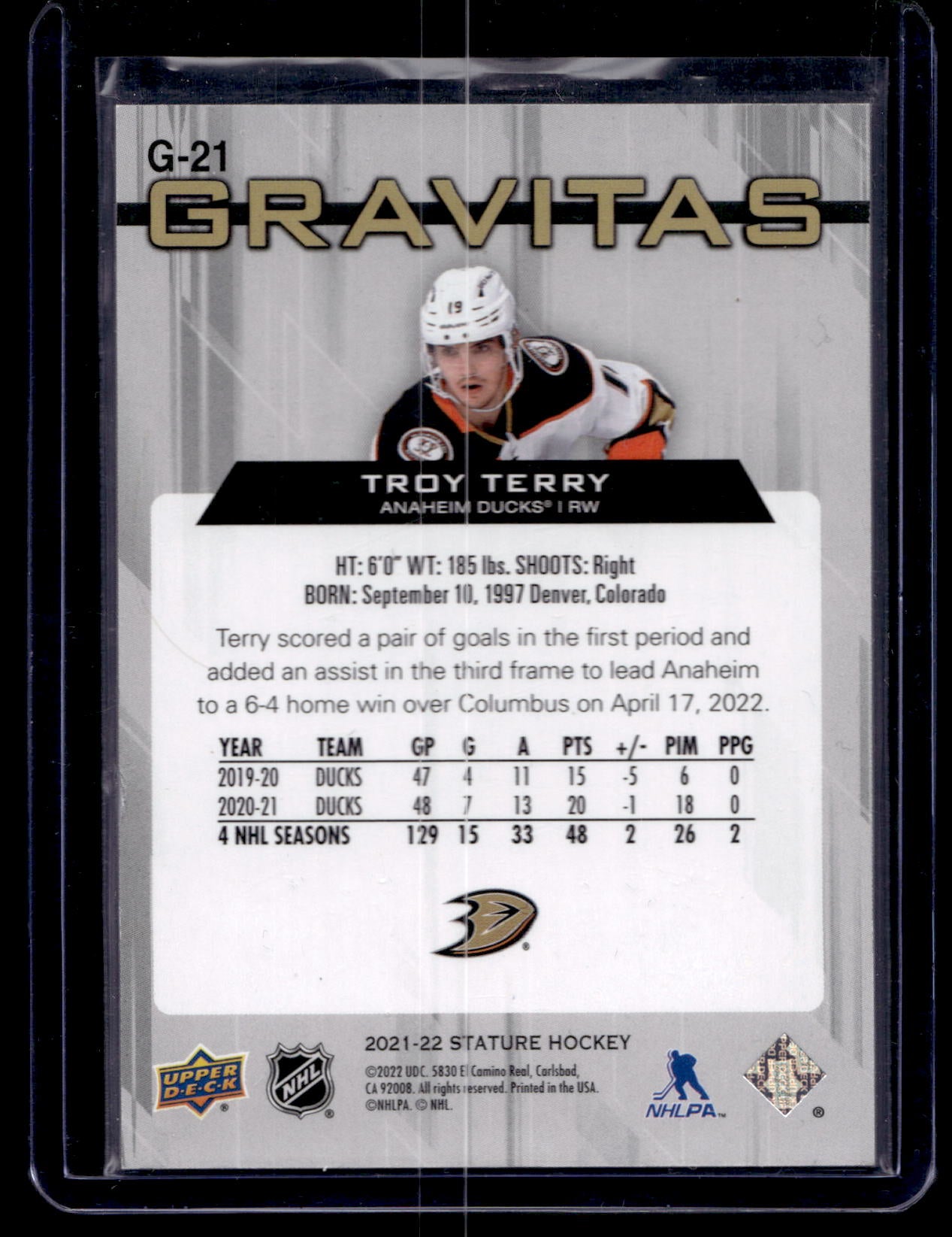 2021-22 Upper Deck Stature - Gravitas - Red - Troy Terry #G-21 /75