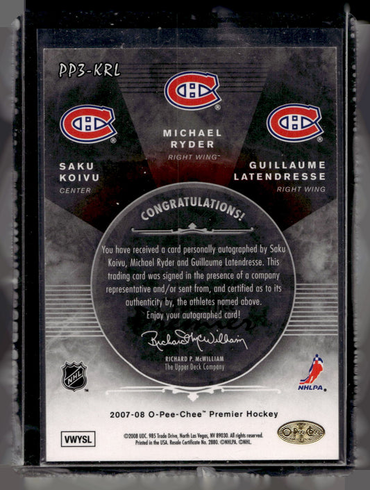 2007-08 O-Pee-Chee Premier - Trios Signatures - Saku Koivu / Michael Ryder / Guillaume Latendresse #PP3-KRL /35