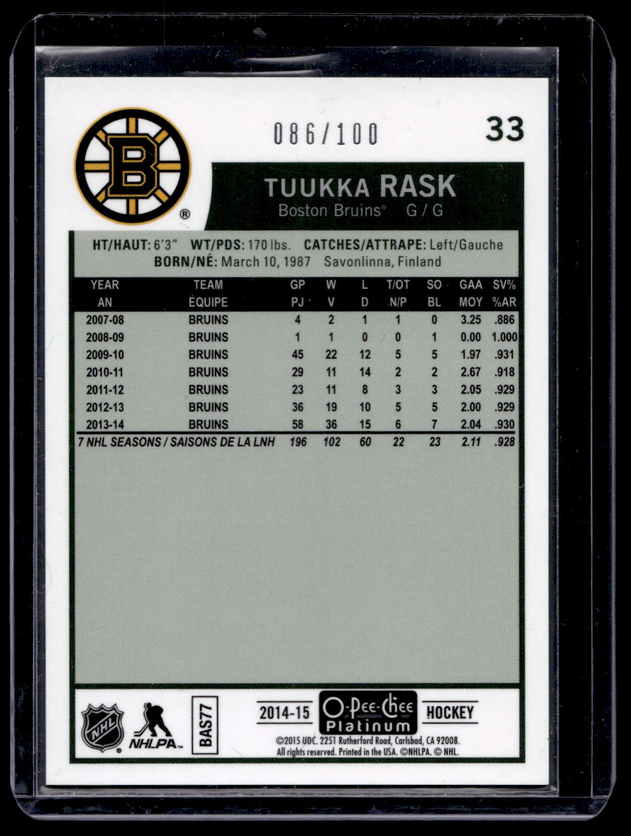 2014-15 Upper Deck O-Pee-Chee Platinum - Retro Black Rainbow - Tuukka Rask #33 /100