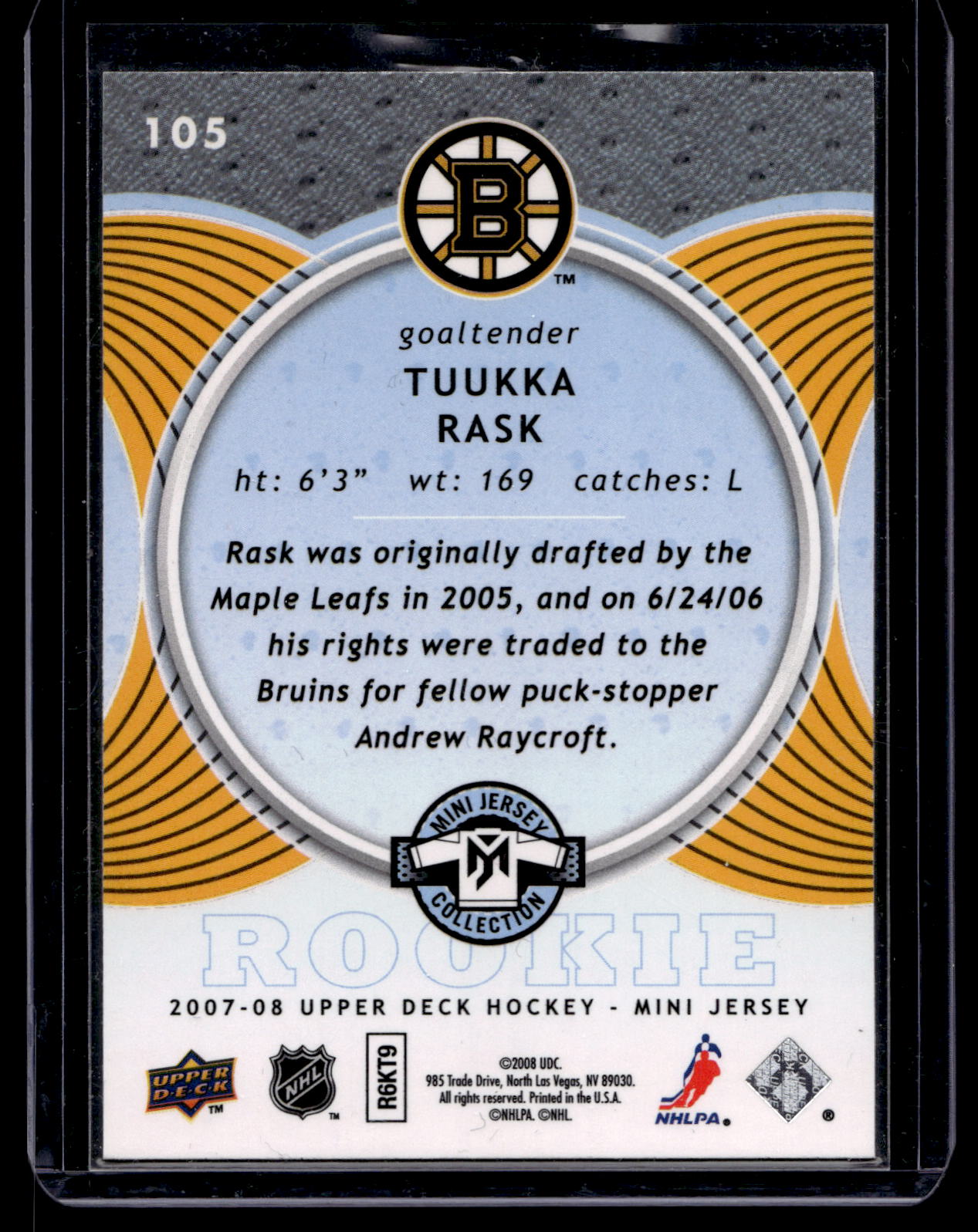 2007-08 Upper Deck Mini Jersey Collection - Tukka Rask #105 RC