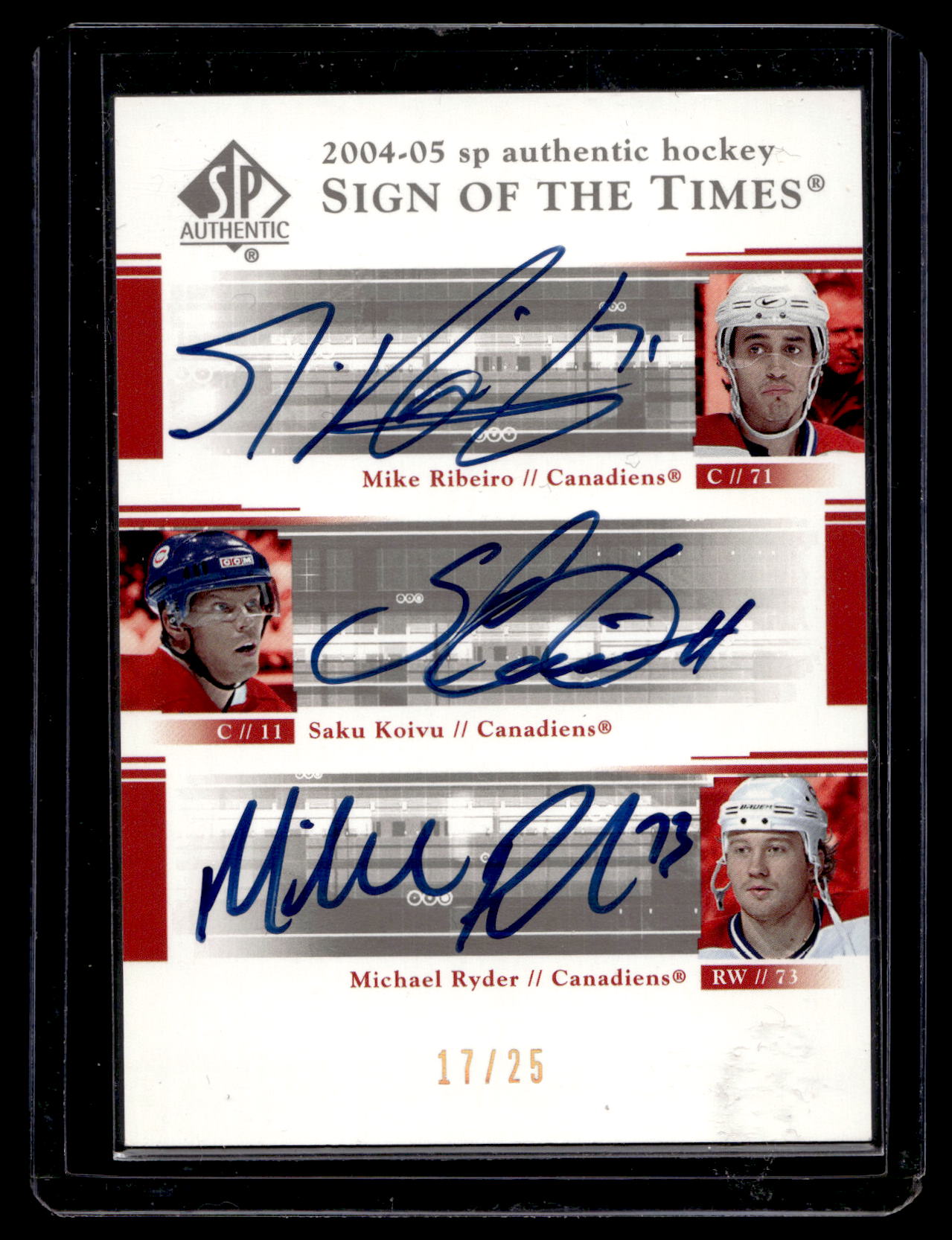 2004-05 Upper Deck SP Authentic - Sign of the Times Triple - Mike Ribeiro / Saku Koivu / Michael Ryder #TS-RKR /25