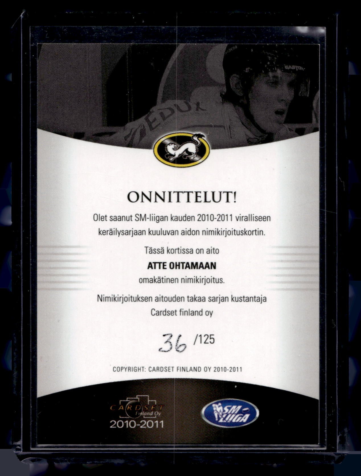 2010-11 Cardset Signature - Atte Ohtamaa /125