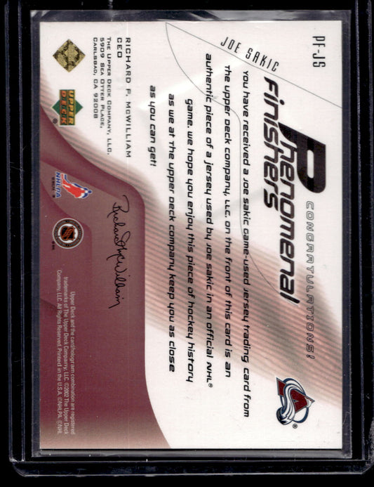 2001-02 Upper Deck - Phenomenal Finishers Joe Sakic #PF-JS