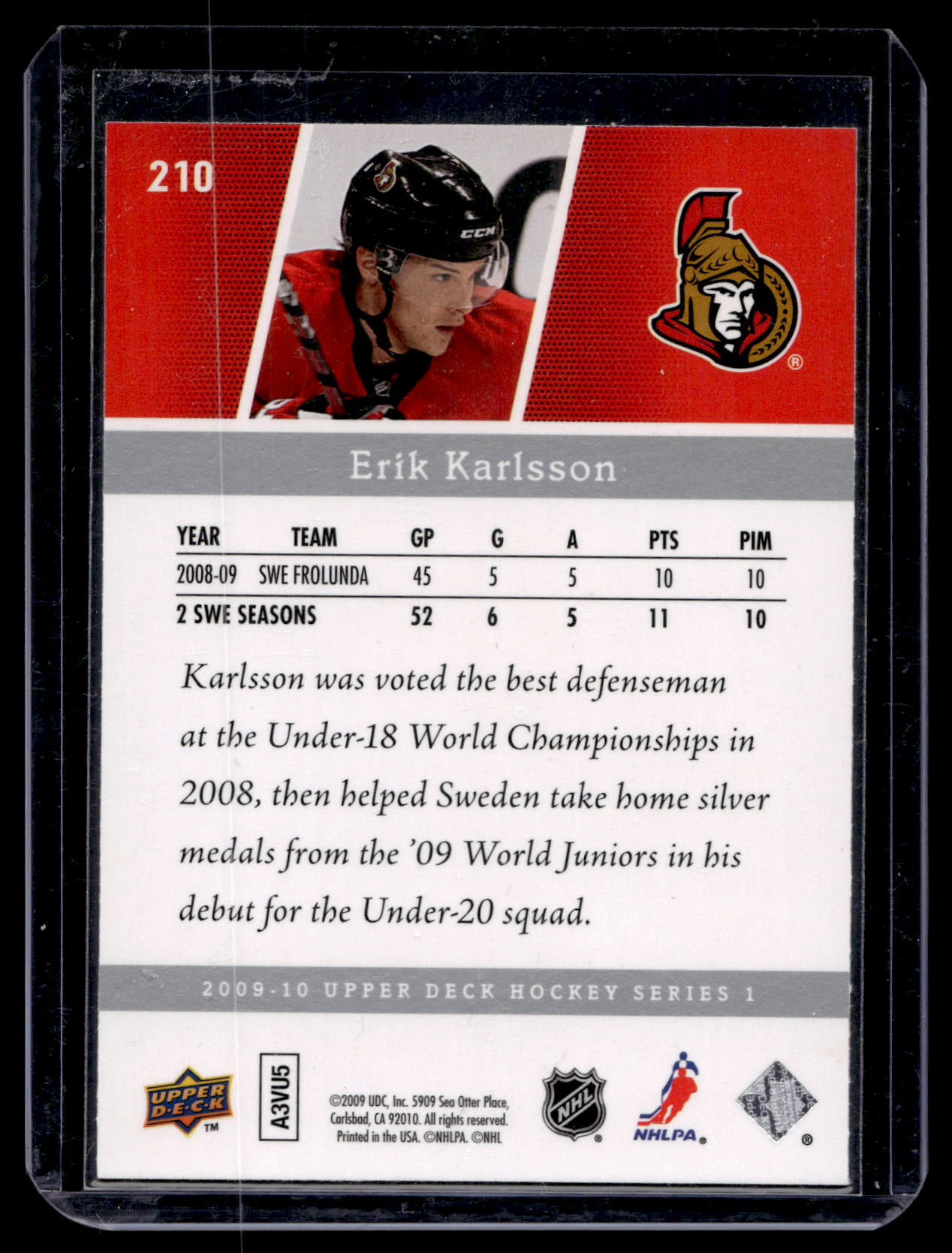 2009-10 Upper Deck - Young Guns - Erik Karlsson #210 RC