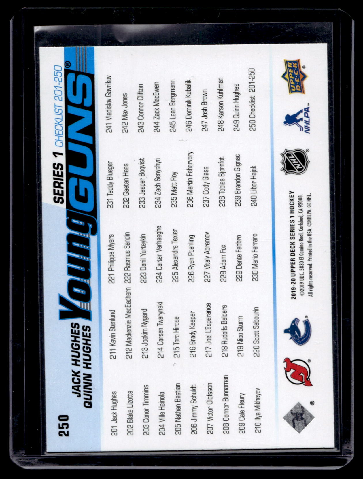 2019-20 Upper Deck - Young Guns Checklist - Jack Hughes / Quinn Hughes #250 RC
