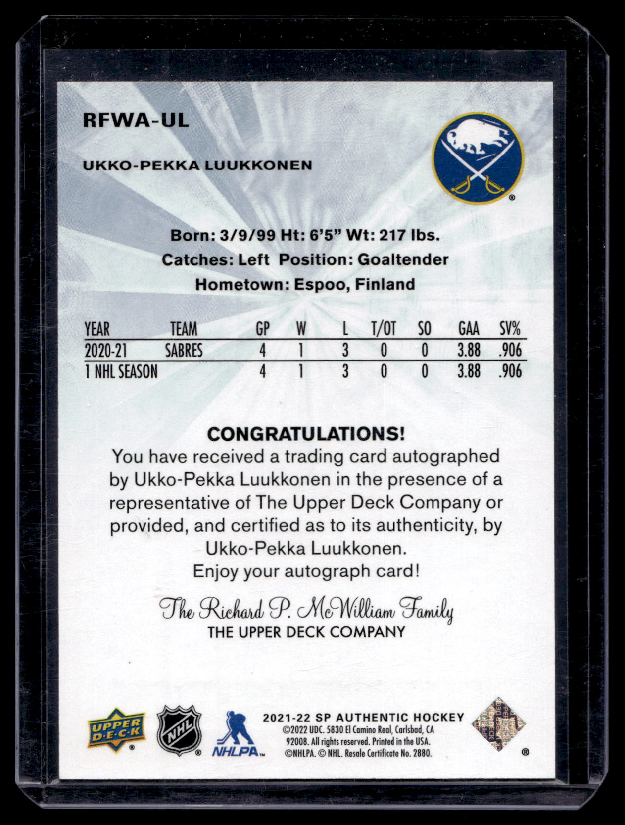 2021-22 SP Authentic - 2011-12 Retro Future Watch Autos - Ukko-Pekka Luukkonen #RFWA-UL /499 RY