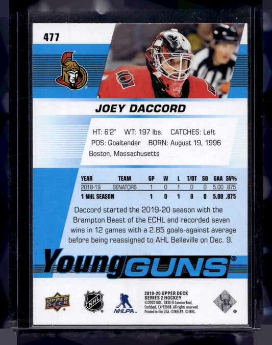 2019-20 Upper Deck - Young Guns - Joey Daccord #477 RC
