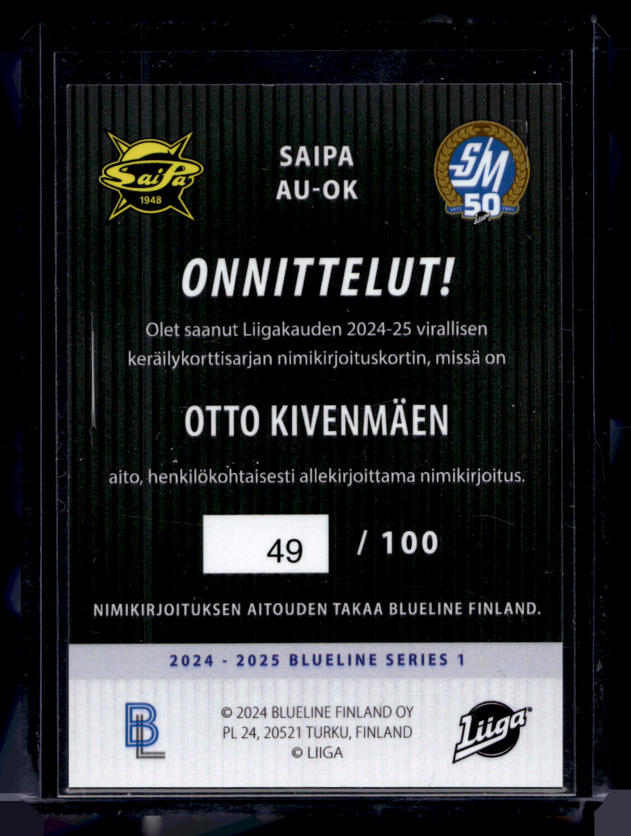 2024-25 Blueline Signature Silver - Otto Kivenmäki #AU-OK /100