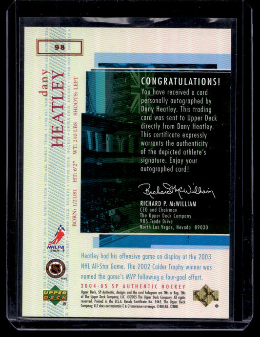 2004-05 Upper Deck SP Authentic - SP Limited All World Team - Dany Heatley #98 /25