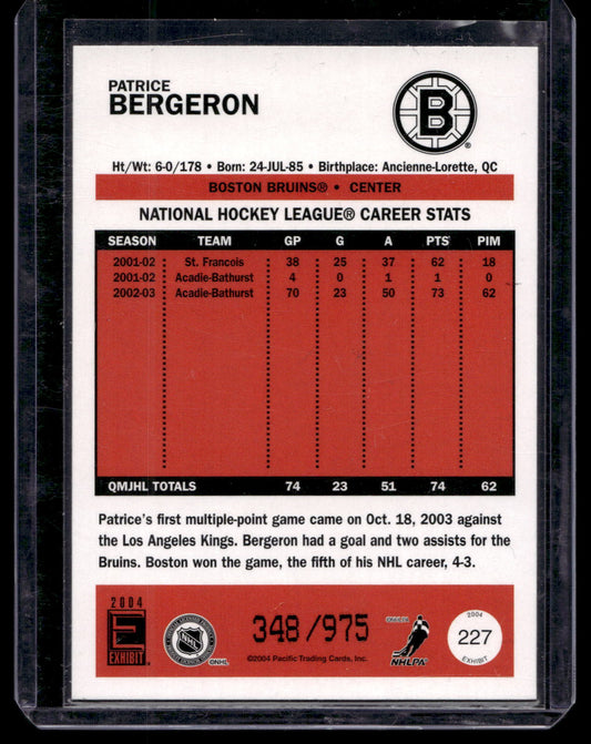 2003-04 Pacific Exhibit - Patrice Bergeron #227 /975 RC