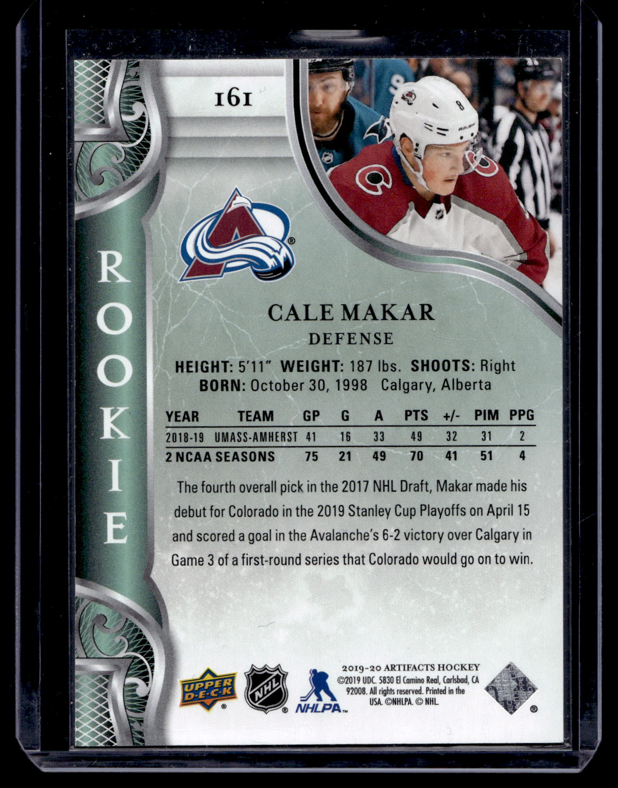 2019-20 Upper Deck Artifacts  - Purple Rookies - Cale Makar #161 /20 RC