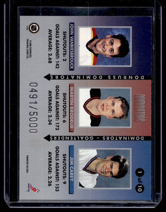 1996-97 Donruss - Dominators - John Vanbiesbrouck / Martin Brodeur / Jim Carey #1 /5000