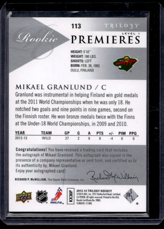 2013-14 Upper Deck Trilogy - Rookie Premieres Level 1 - Mikael Granlund #113 /699 RC