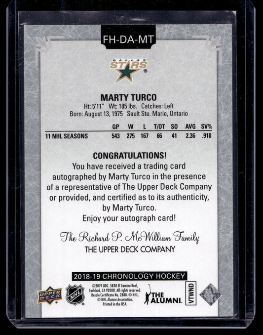 2018-19 Upper Deck Chronology - Franchise History Autographs - Marty Turco #FH-DA-MT