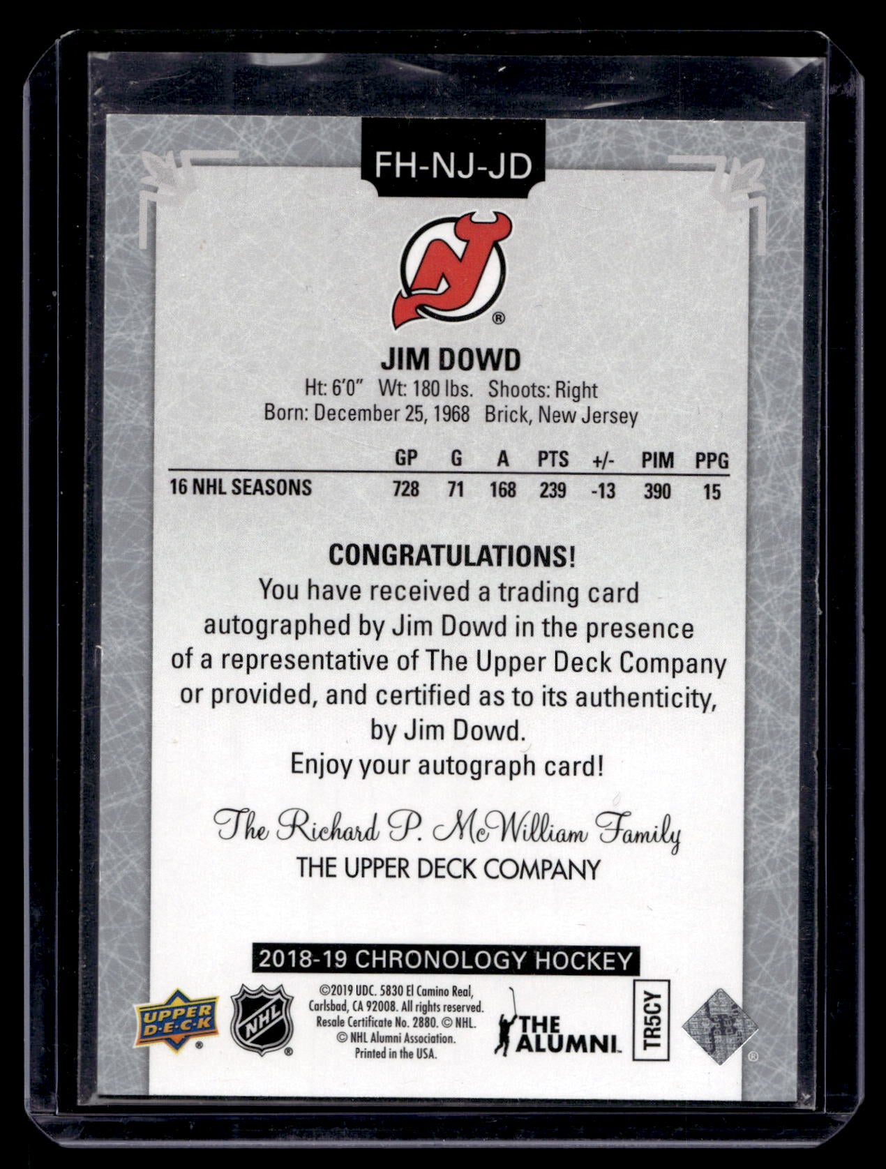 2018-19 Upper Deck Chronology - Franchise History Autographs - Jim Dowd #FH-NJ-JD