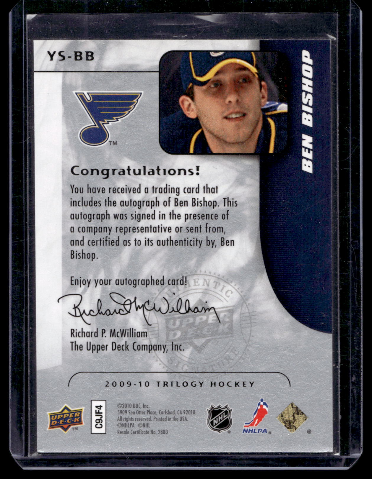 2009-10 Upper Deck Trilogy - Young Star Scripts - Ben Bishop #YS-BB