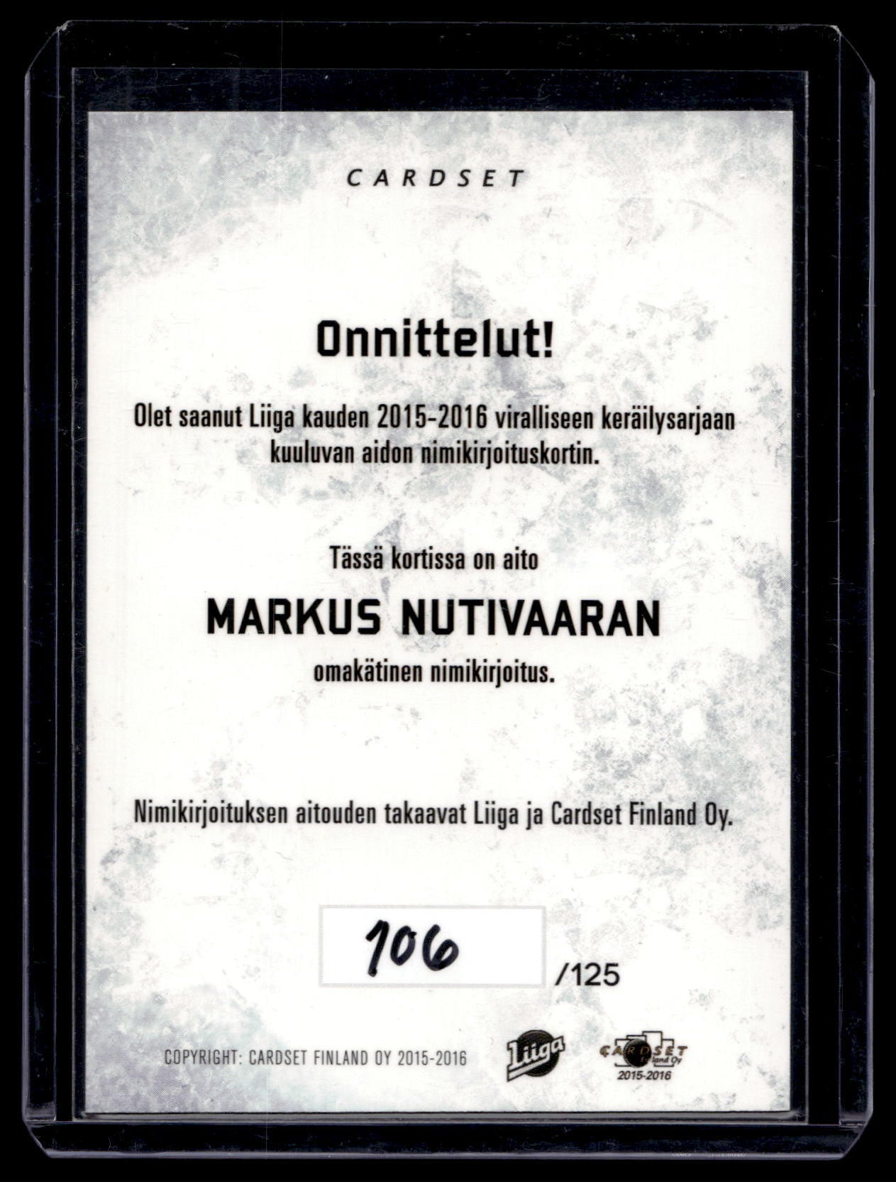 2015-16 Cardset Signature - Markus Nutivaara /125
