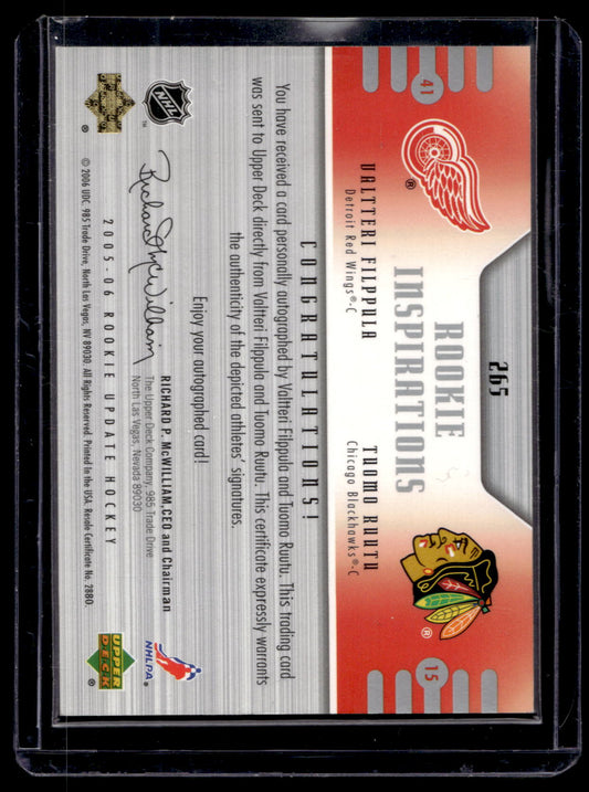 2005-06 Upper Deck Rookie Update - Rookie Inspirations Dual Autographs - Valtteri Filppula / Tuomo Ruutu #265 /499 RY