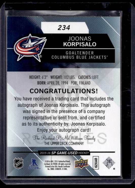 2015-16 Upper Deck SP Game-Used - Authentic Rookies Blue Autographs - Joonas Korpisalo #234 RC
