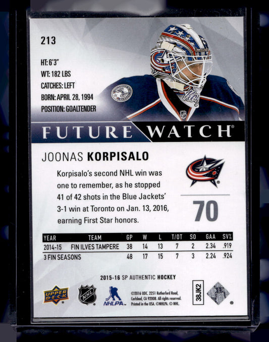 2015-16 Upper Deck SP Authentic - Future Watch - Joonas Korpisalo #213 /999 RC
