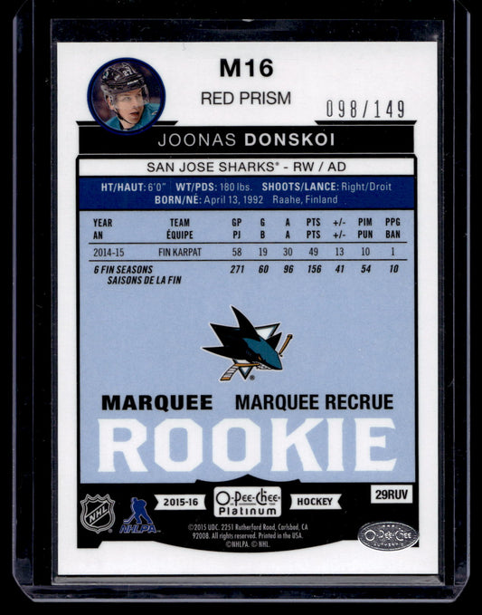 2015-16 Upper Deck O-Pee-Chee Platinum - Marquee Rookies Red Prism - Joonas Donskoi #M16 /149 RY