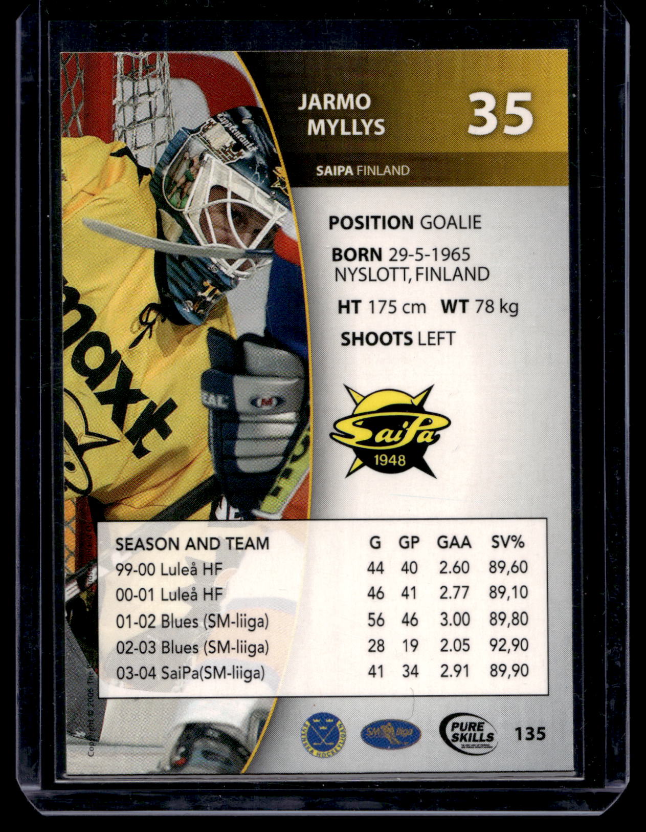 2004-05 Card Cabinet SHL Elitset Pure Skills - Gold - Jarmo Myllys #135 /100
