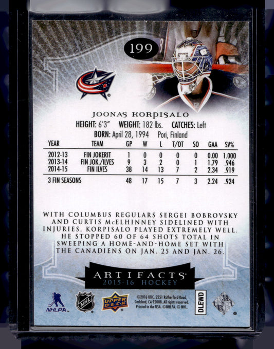 2015-16 Upper Deck Artifacts - Rookie Redemptions - Joonas Korpisalo #199 /899 RY
