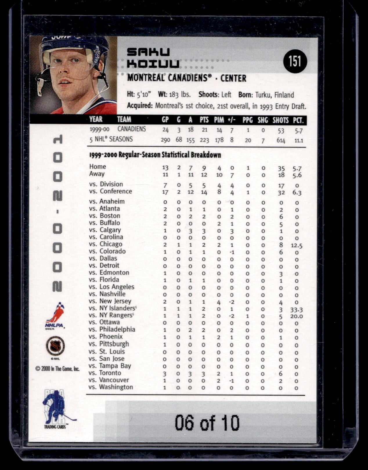 2000-01 In the Game Be A Player Memorabilia - Emerald - Saku Koivu #151 /10