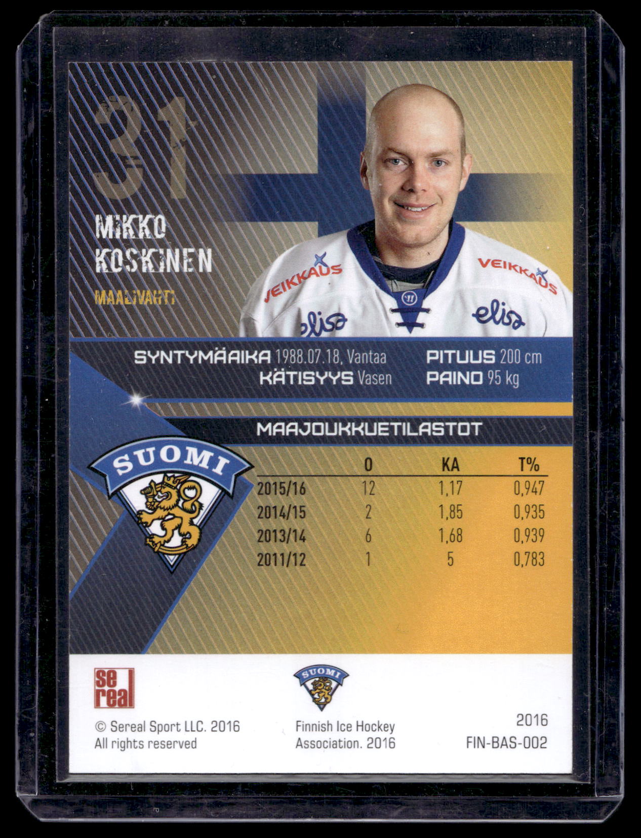 2016 Sereal Team Finland Silver - Mikko Koskinen #FIN-BAS-002 /60