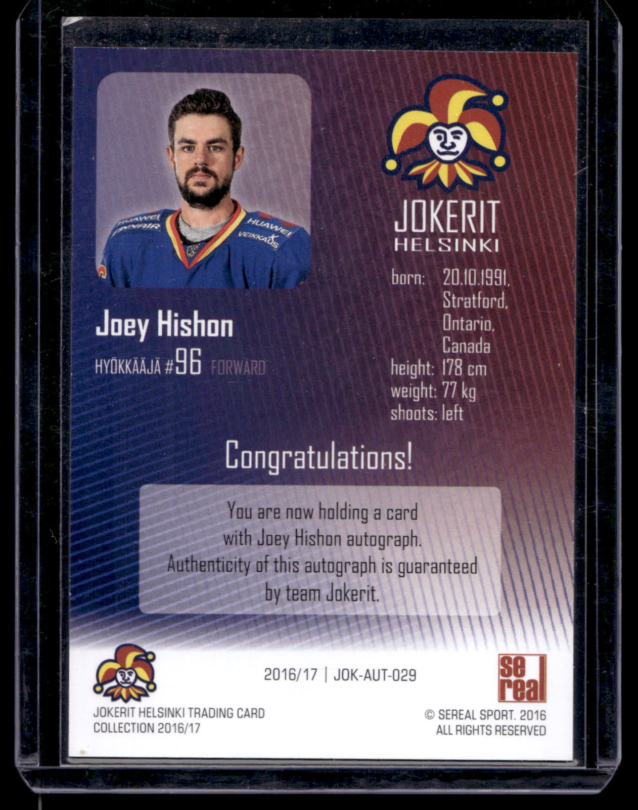 2016-17 Cereal Jokerit Autograph - Joey Hishon #JOK-AUT-029 /50