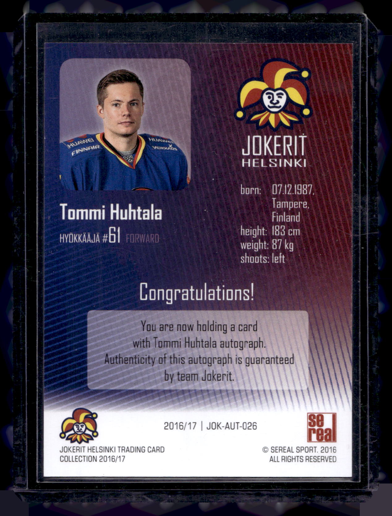 2016-17 Sereal Jokerit Autograph - Tommi Huhtala #JOK-AUT-026 /50