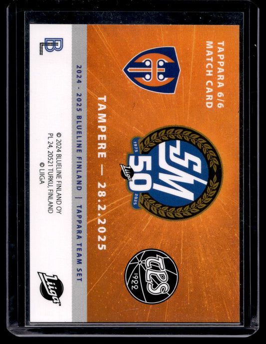 2024-25 Blueline Tappara Team Set - Match Card - Petteri Puhakka #6