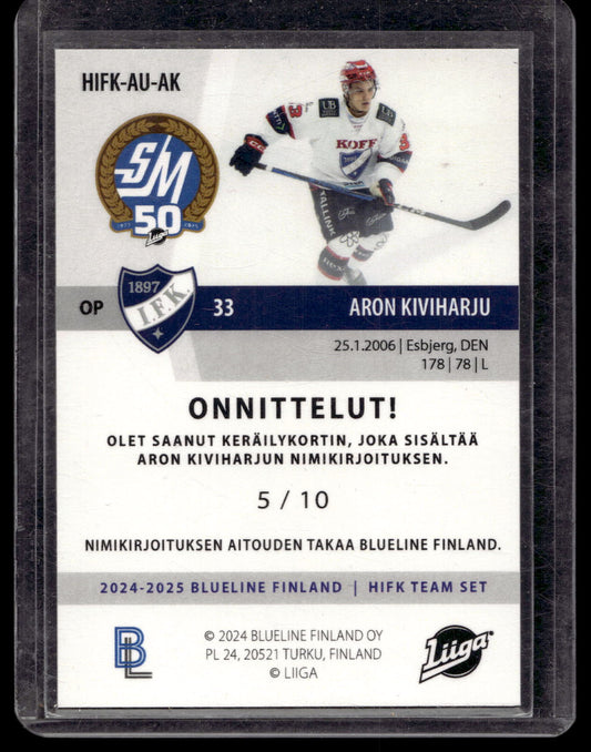 2024-25 Blueline HIFK Team Set Autograph - Aron Kiviharju #HIFK-AU-AK /10