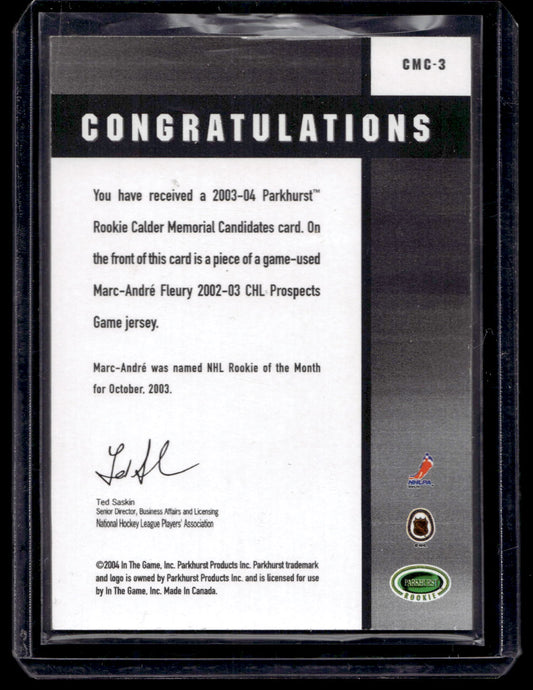 2003-04 In the Game Parkhurst Rookie - Calder Memorial Candidates - Marc-Andre Fleury #CMC-3 RY