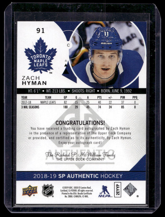 2018-19 Upper Deck SP Authentic - Limited Autographs - Zach Hyman #91