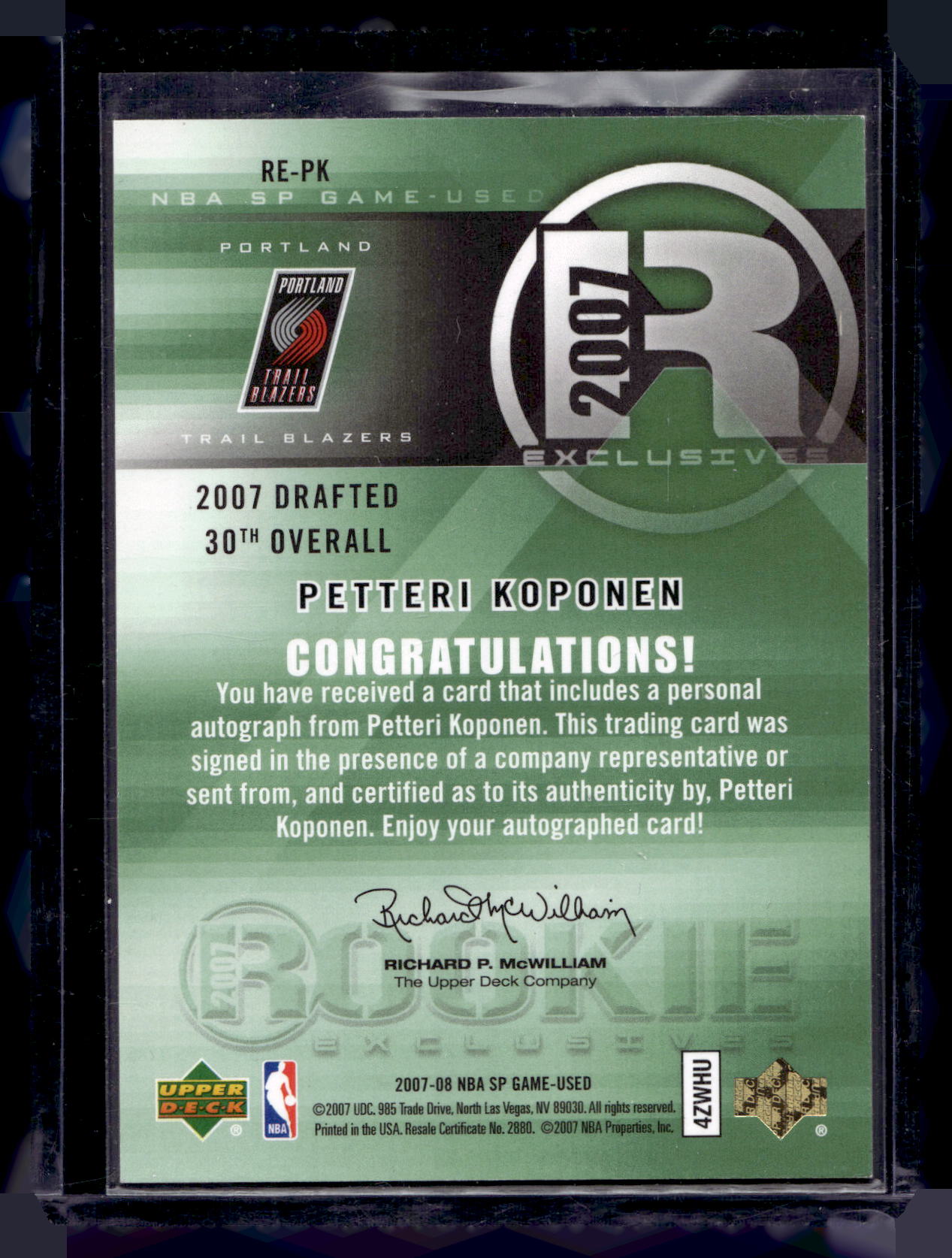 2007-08 Upper Deck SP Game Used - Rookie Exclusives Autographs - Petteri Koponen #RE-PK /100 RY