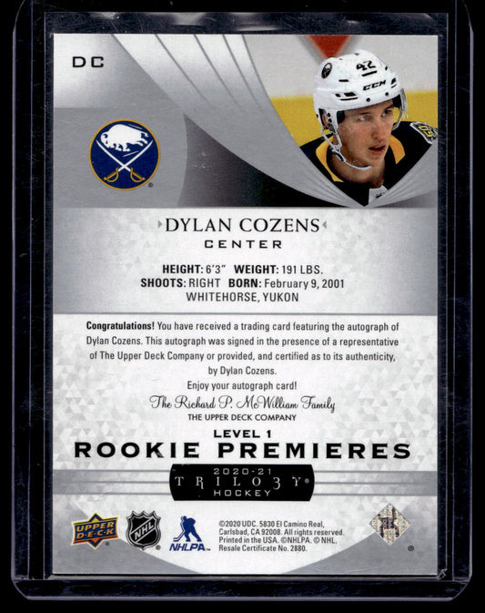 2020-21 Upper Deck Trilogy - Rookie Premieres Extended Rookies - Silver Foil Autographs - Dylan Cozens #DC /399 RY